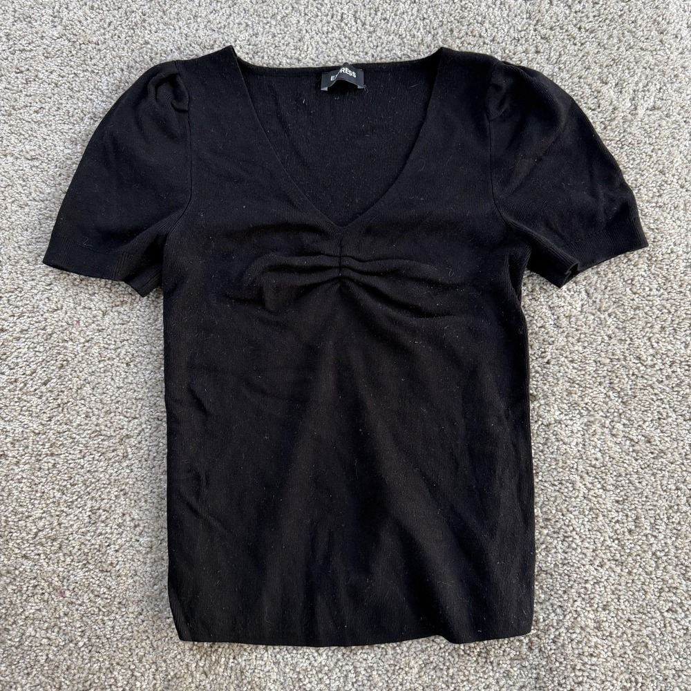 Express Shirt Womens Small Black Puff Sleeve V Neck Stretch Knit Ruched Top